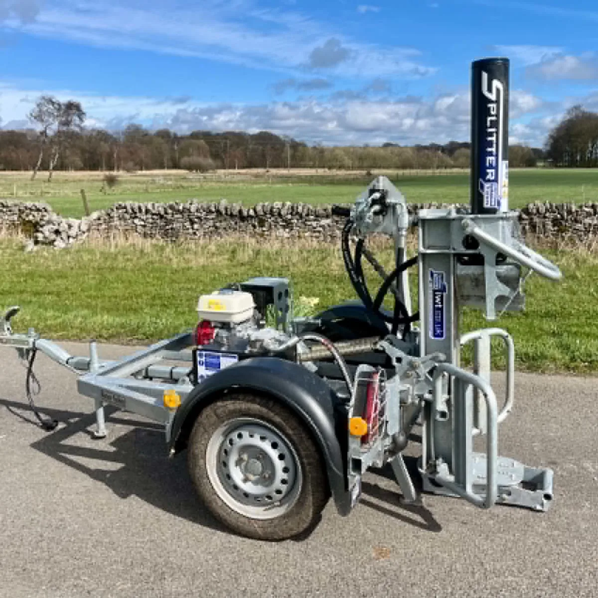 Ifor Williams LS256 road-towable petrol log splitter on its trailer chassis in the Peak District, for hire from Peak Trailers